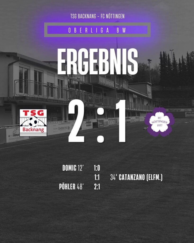 Anzeigetafel beim Fußballspiel: TSG Backnang führt 2:1 gegen den FC Nöttingen, alle Tore mit Spielzeit und Torschützen aufgeführt