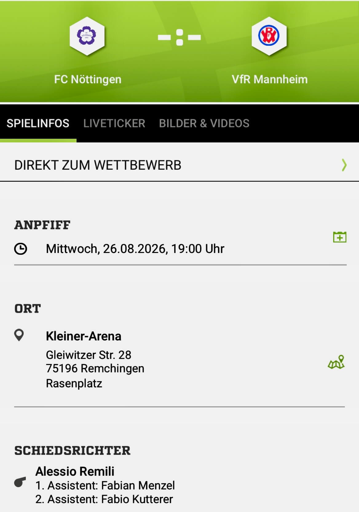 Spielankündigung: FC Nöttingen gegen VfR Mannheim am 26.08.2026 um 19 Uhr in der Kleiner-Arena mit Live-Ticker und Livestream