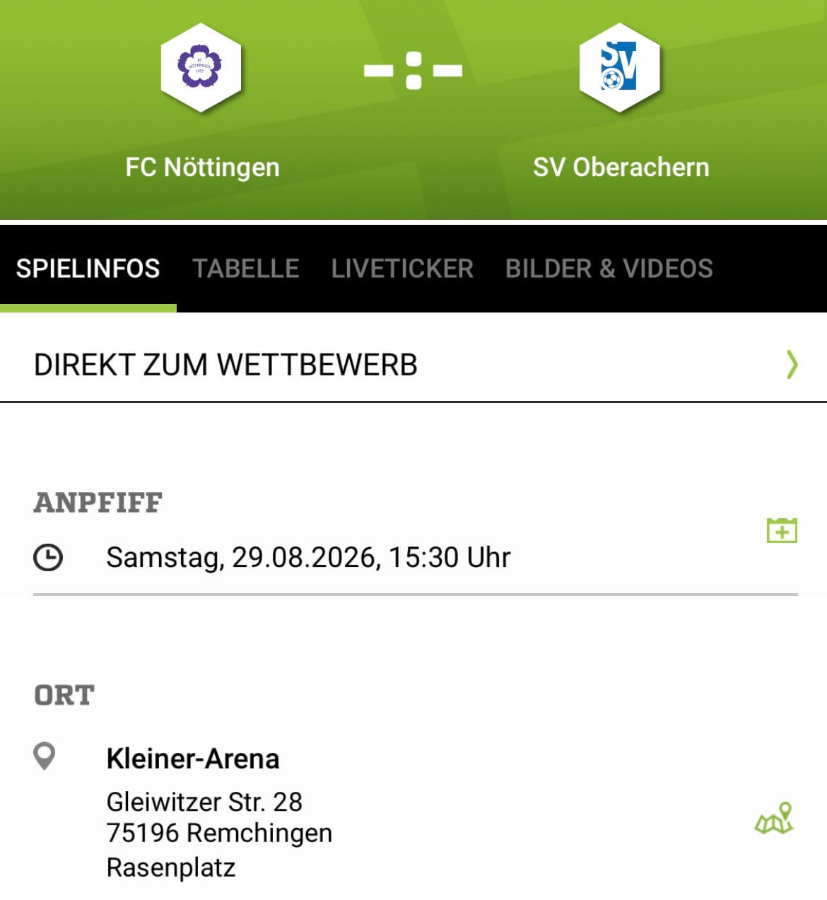 Das Fußballspiel FC Nöttingen gegen SV Oberachern findet am 29.08.2026 um 15:30 Uhr statt und wird per Liveticker oder Livestream übertragen.