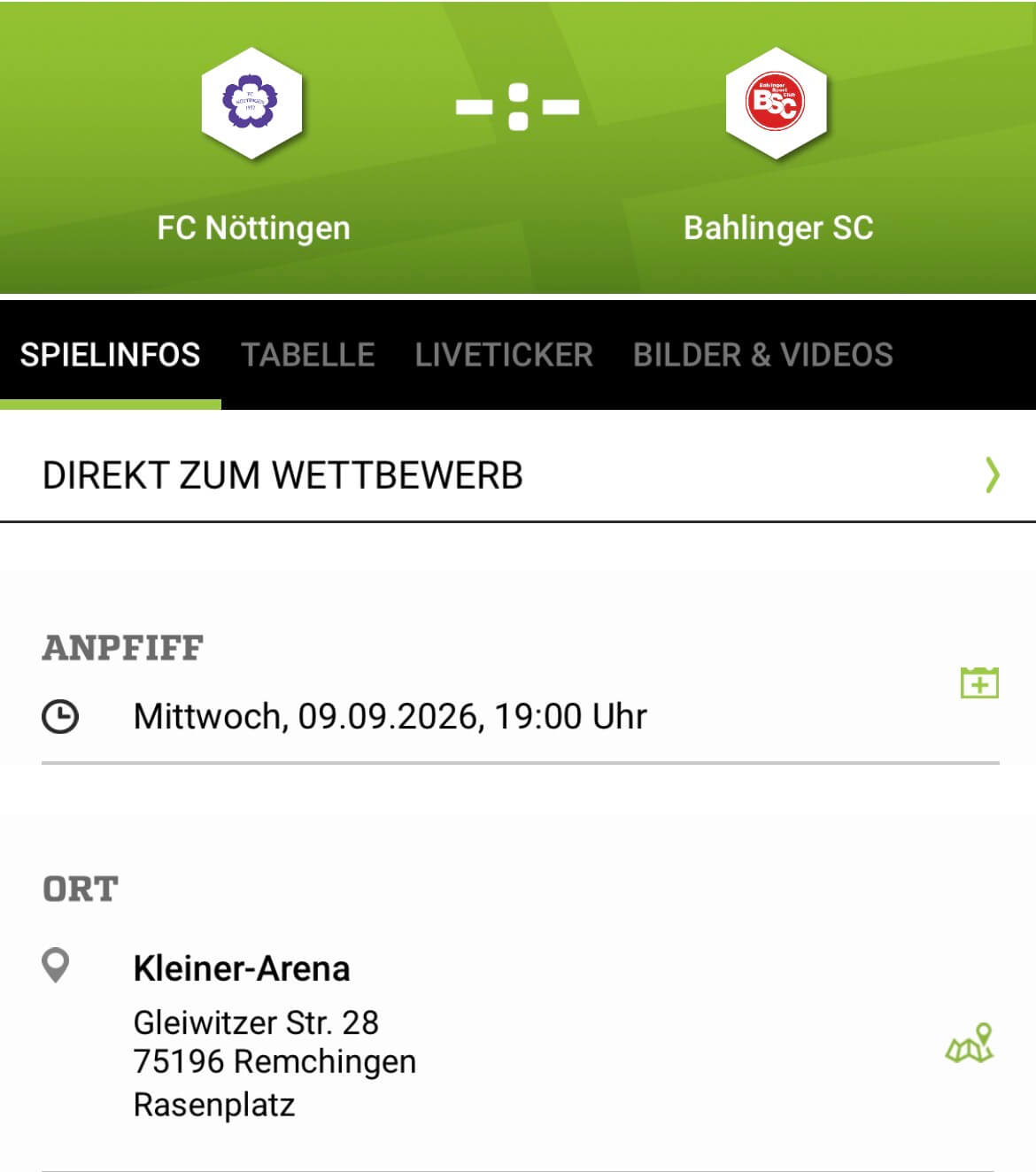 Spielankündigung: FC Nöttingen gegen Bahlinger SC am 9. September 2026 um 19 Uhr in der Kleiner-Arena, Veranstaltungsdetails einsehbar
