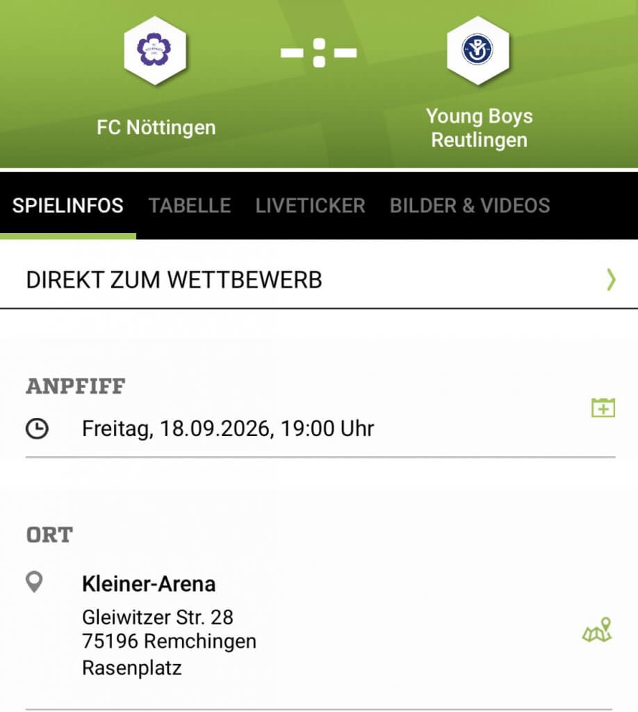 FC Nöttingen gegen Young Boys Reutlingen am 18.09.2026 um 19 Uhr in der Kleiner-Arena mit Liveticker und Videostream