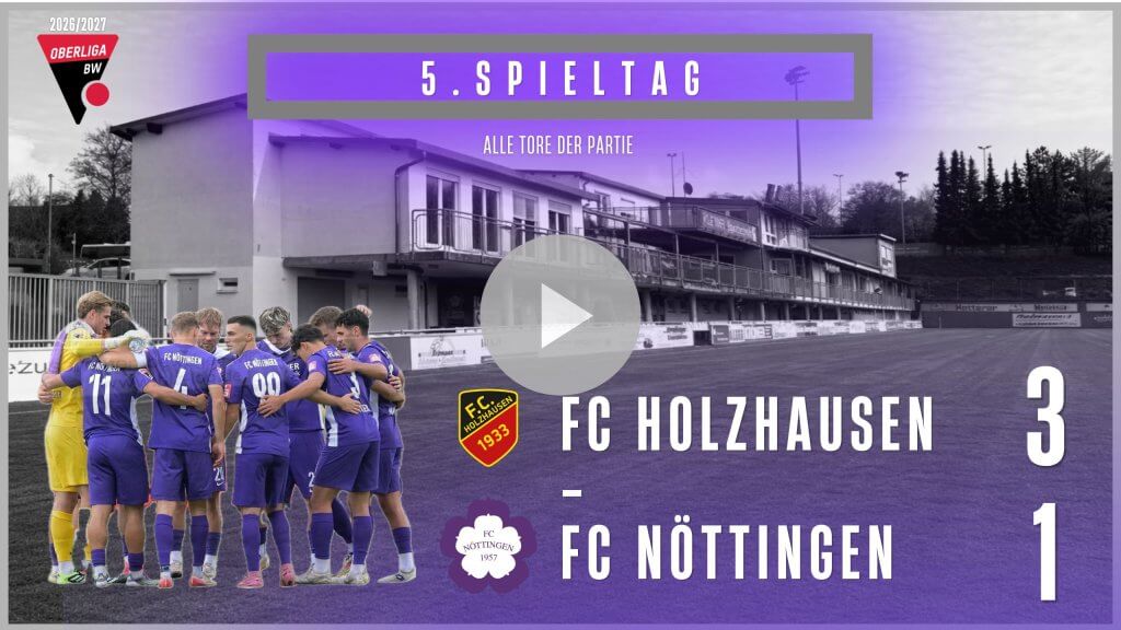 Der FC Holzhausen in lila Trikots im Mannschaftskreis, die Anzeigetafel zeigt 3:1 gegen den FC Nöttingen, Stadion aus einem Video aus Holzhausen